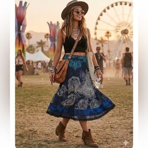 Desigual Boho Mesh Lace Overlay Midi Skirt - Blue/Black Paisley - Size Small